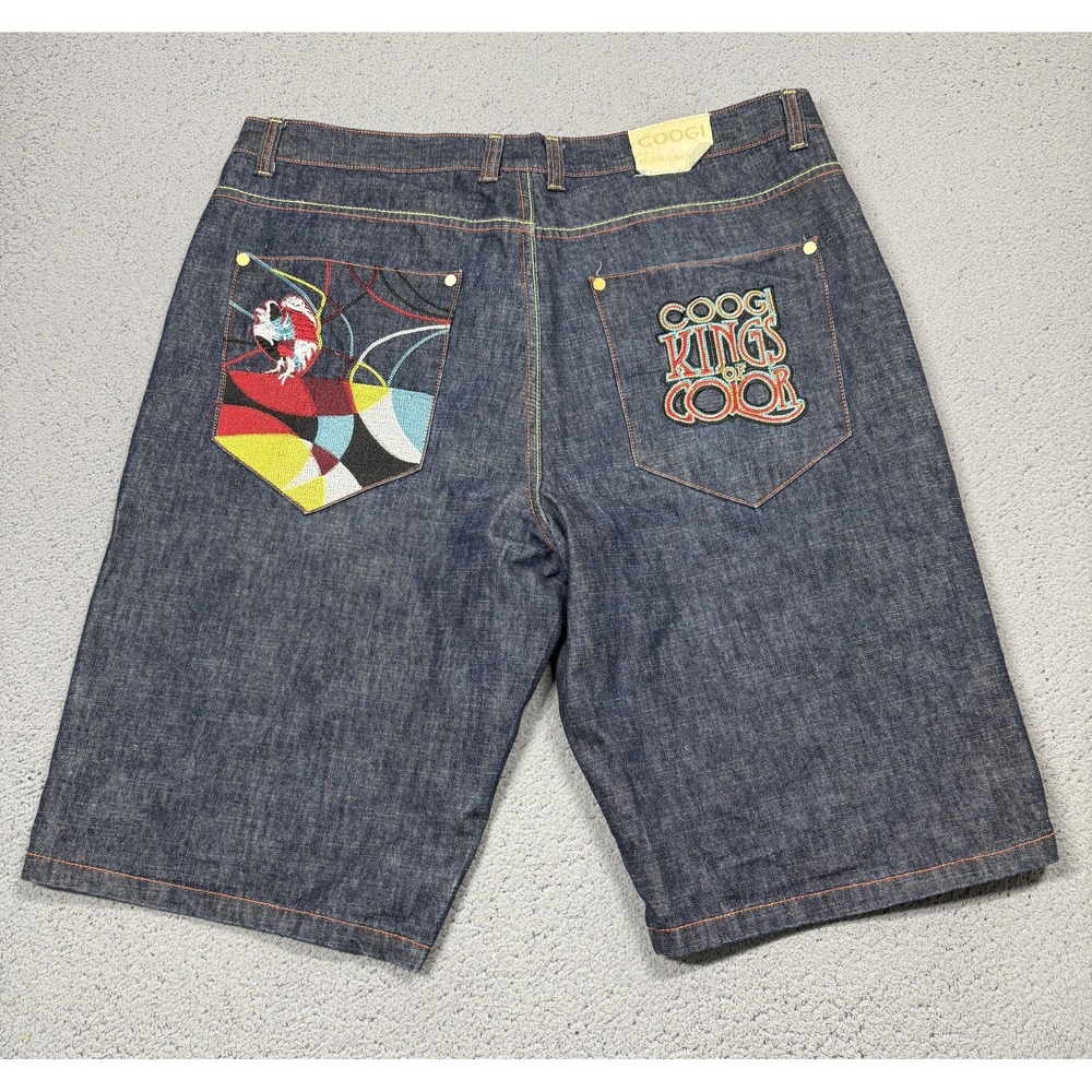 COOGI Shorts Mens 42 Blue Denim Bermuda Relaxed Fit 12 Inseam Embroidered